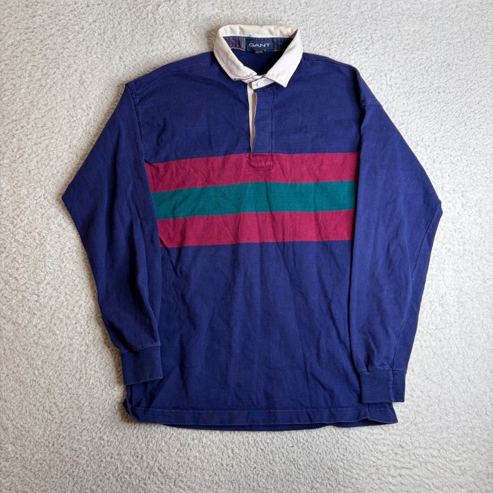 Vintage Gant Rugger Rugby Shirt Mens L Navy Blue Striped Long Sleeve USA Made